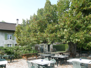 Gemtlicher Gastgarten der Ferme de Mussy